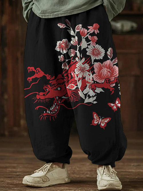 Men's Dragon and Cherry Blossom Japanese Art Print Casual Pants