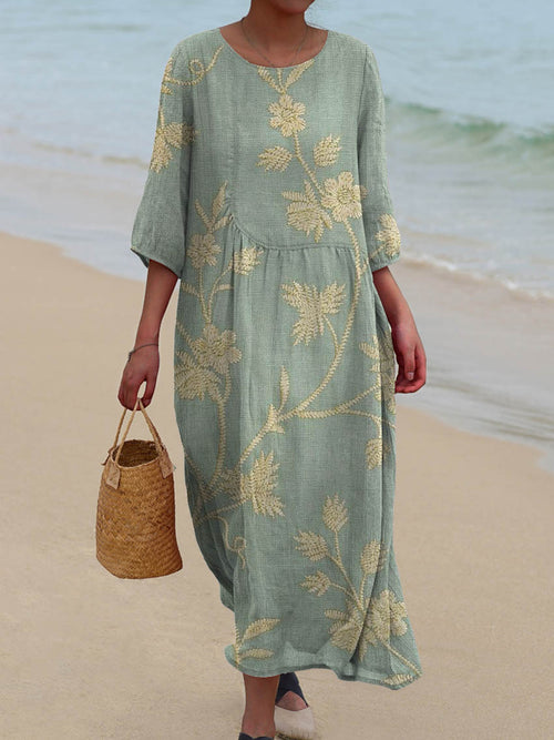 Vintage Lovely Floral Art Print Pocket Cotton Dress