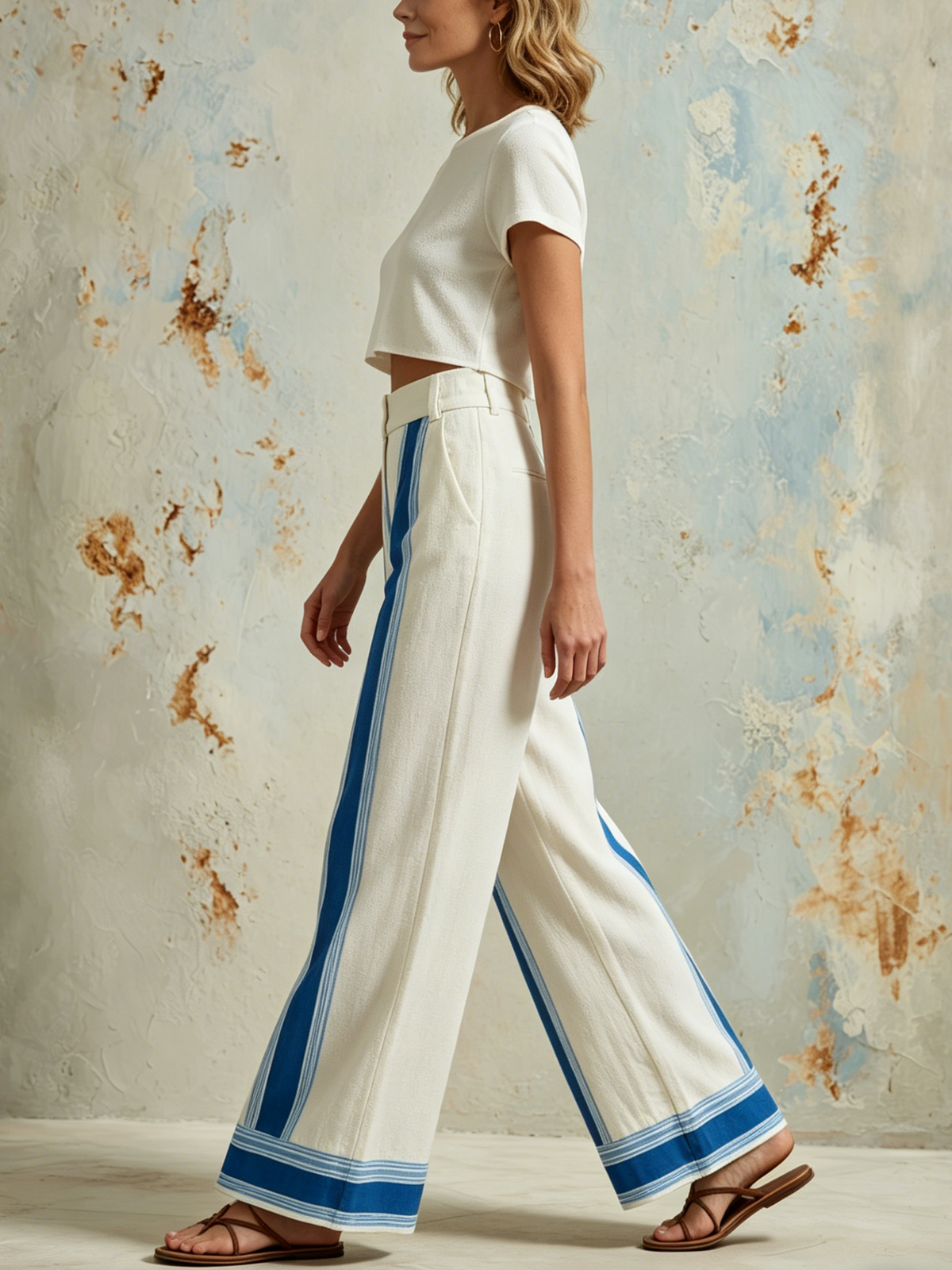 Cream Linen-Blend High-Waist Wide-Leg Pants with Blue Stripe Detail