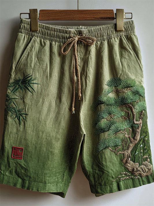 Japanese Bamboo and Pine Tree Embroidered Gradient Linen Shorts