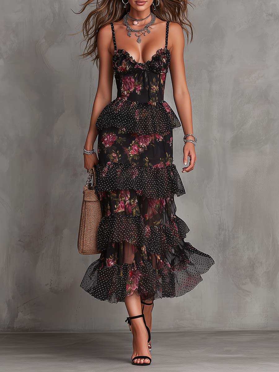Gothic Floral Swiss Dot Chiffon Ruffle Midi Dress