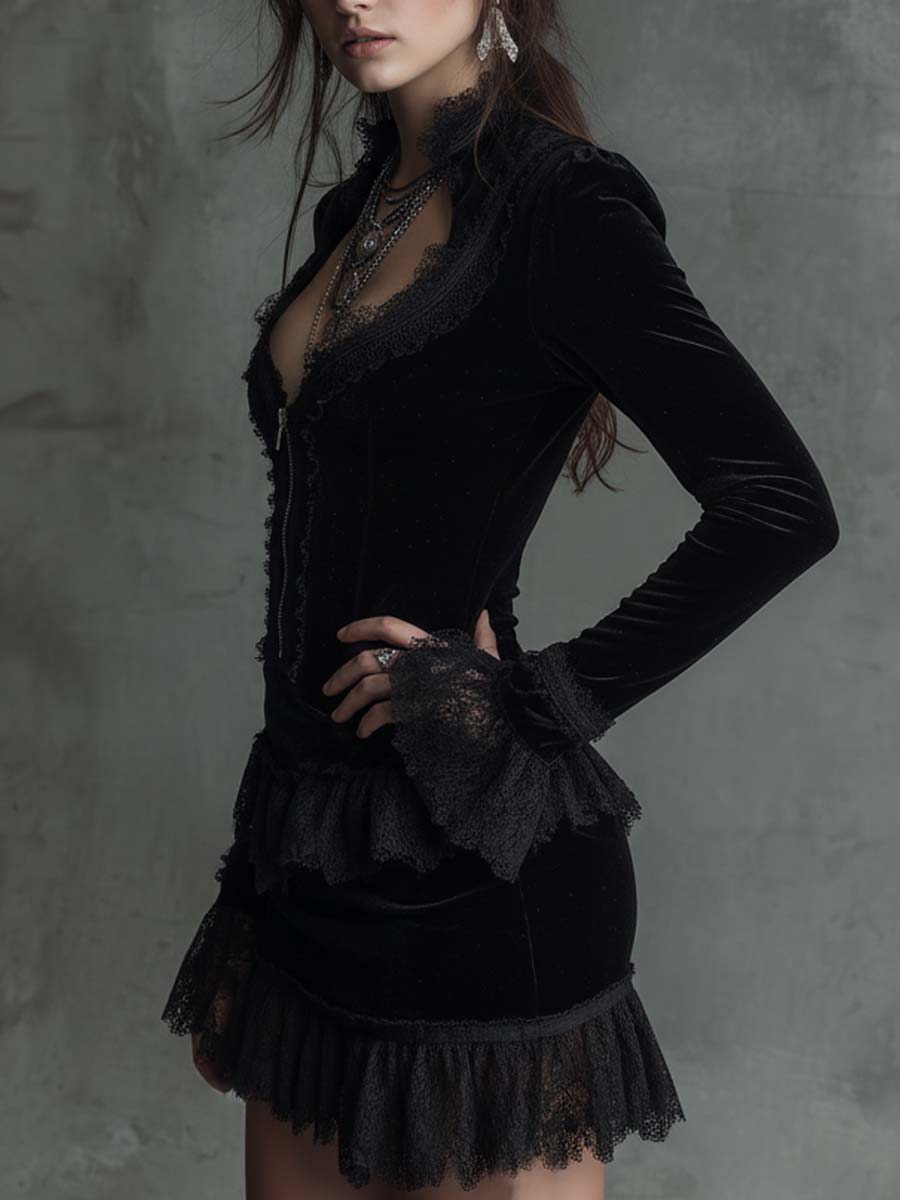 Black Velvet Mini Dress with Lace Trim