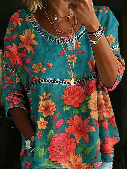 Vintage Multicolor Ethnic Floral Casual Loose Denim Blouse Shirt