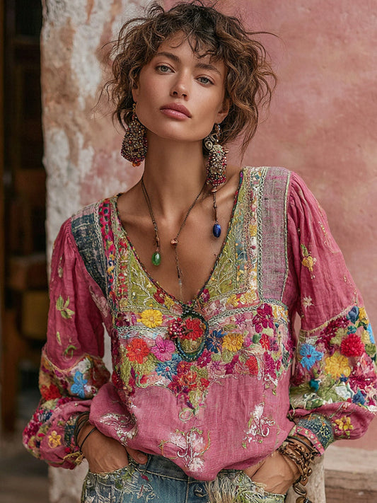 Bohemian Floral Embroidery Art Print V-Neck Long-Sleeve Linen Blend T-Shirt