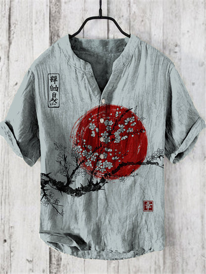 Japanese Ink Painting of Sunrise Art Linen Blend