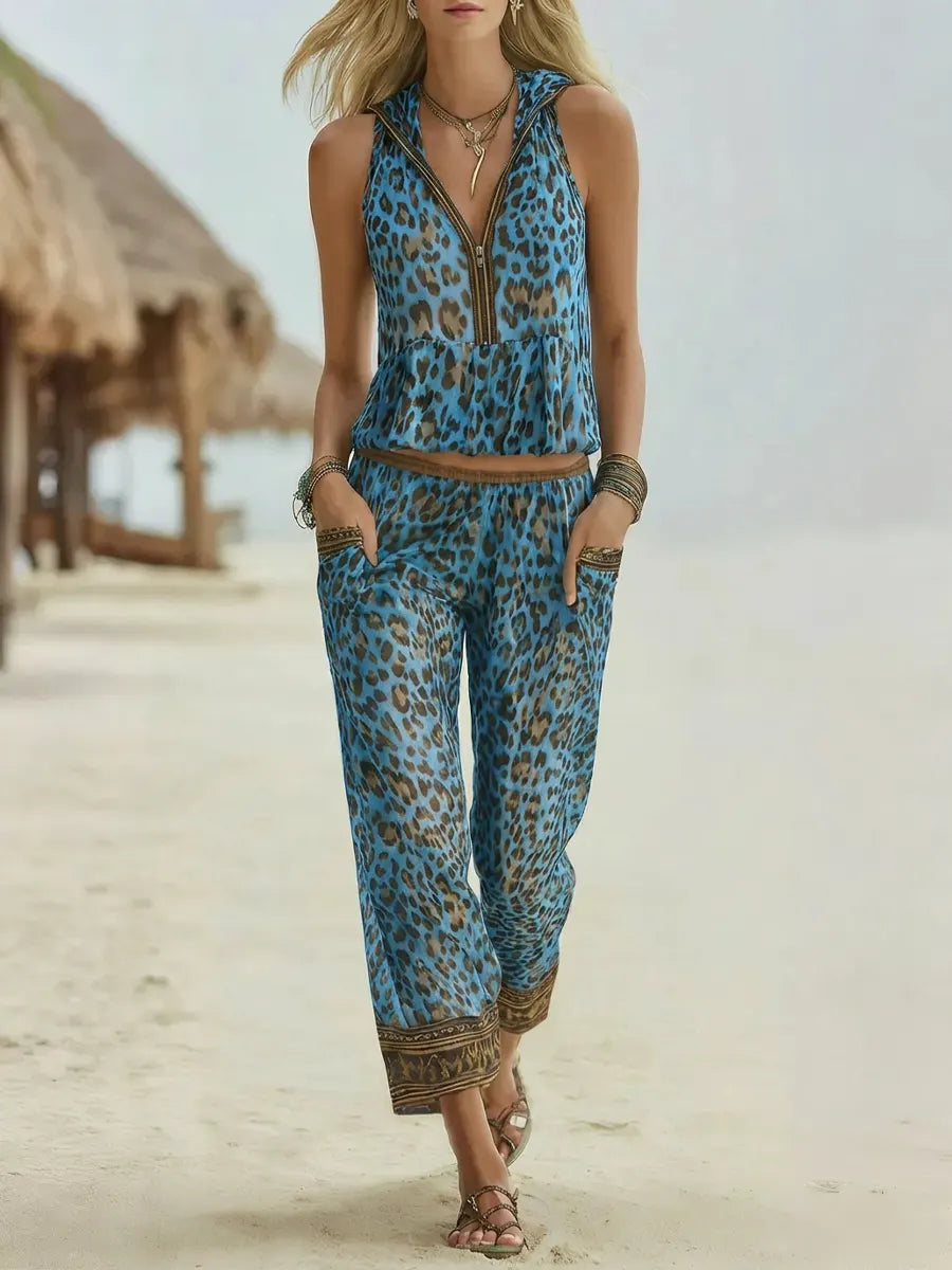 Retro Leopard Art Print Hooded Casual Top and Pants Suits