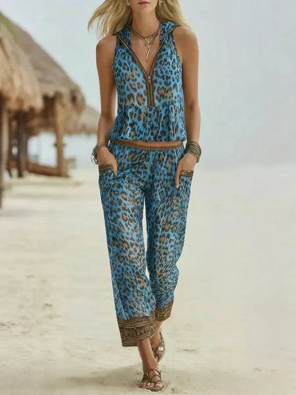 Retro Leopard Art Print Hooded Casual Top and Pants Suits