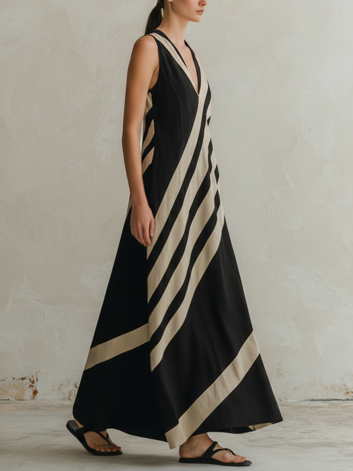 Black and Beige Diagonal Striped Sleeveless Maxi Dress