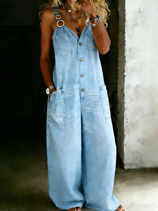 Stylish Cotton One Piece Shirt Denim Jumpsuit
