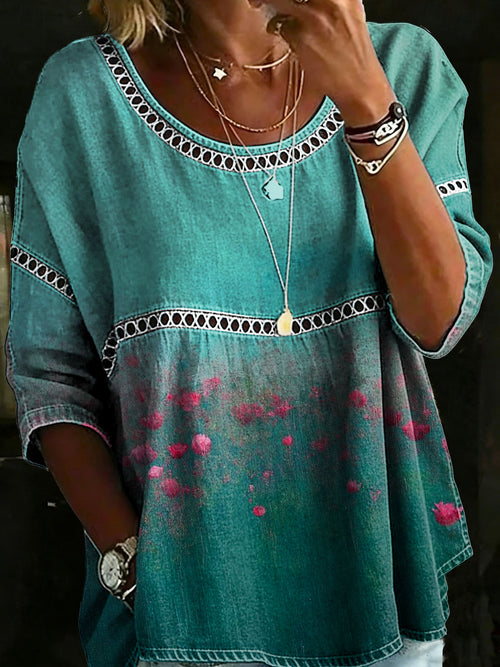 Vintage Floral Casual Loose Denim Blouse Shirt