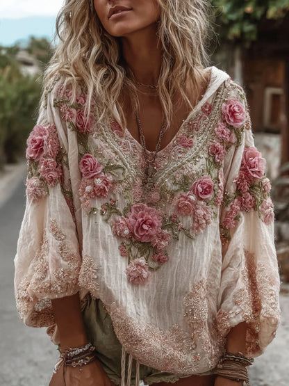 Vintage Floral Embroidery Warm V-Neck Hoodie
