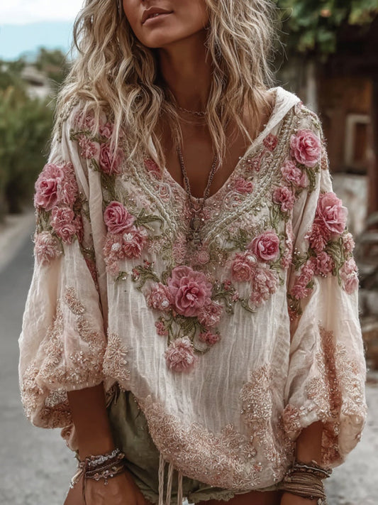 Vintage Floral Embroidery Warm V-Neck Hoodie