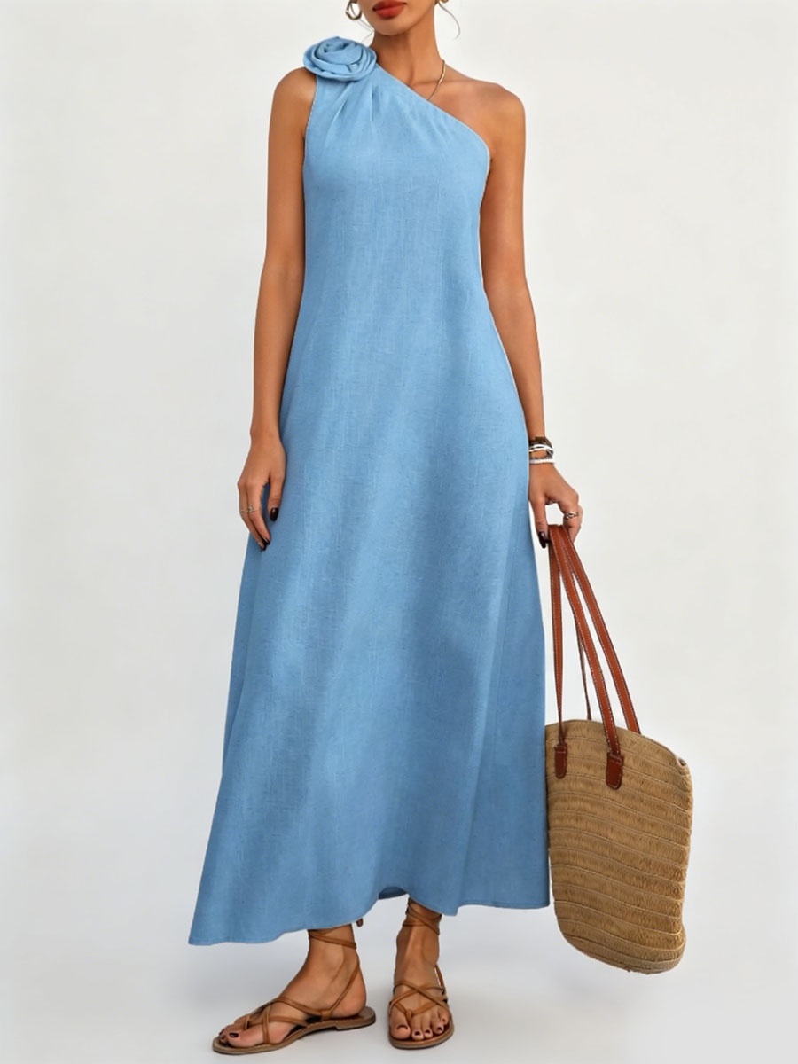 French-Style 3d Floral Embellished Off-Shoulder Sleeveless Dress