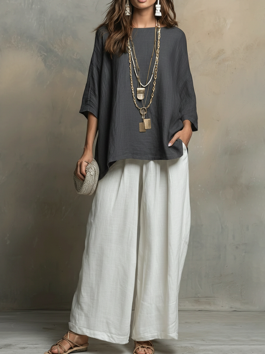 Cozy Cotton-Linen Irregular Top and Wide-Leg Pants Two-Piece Set