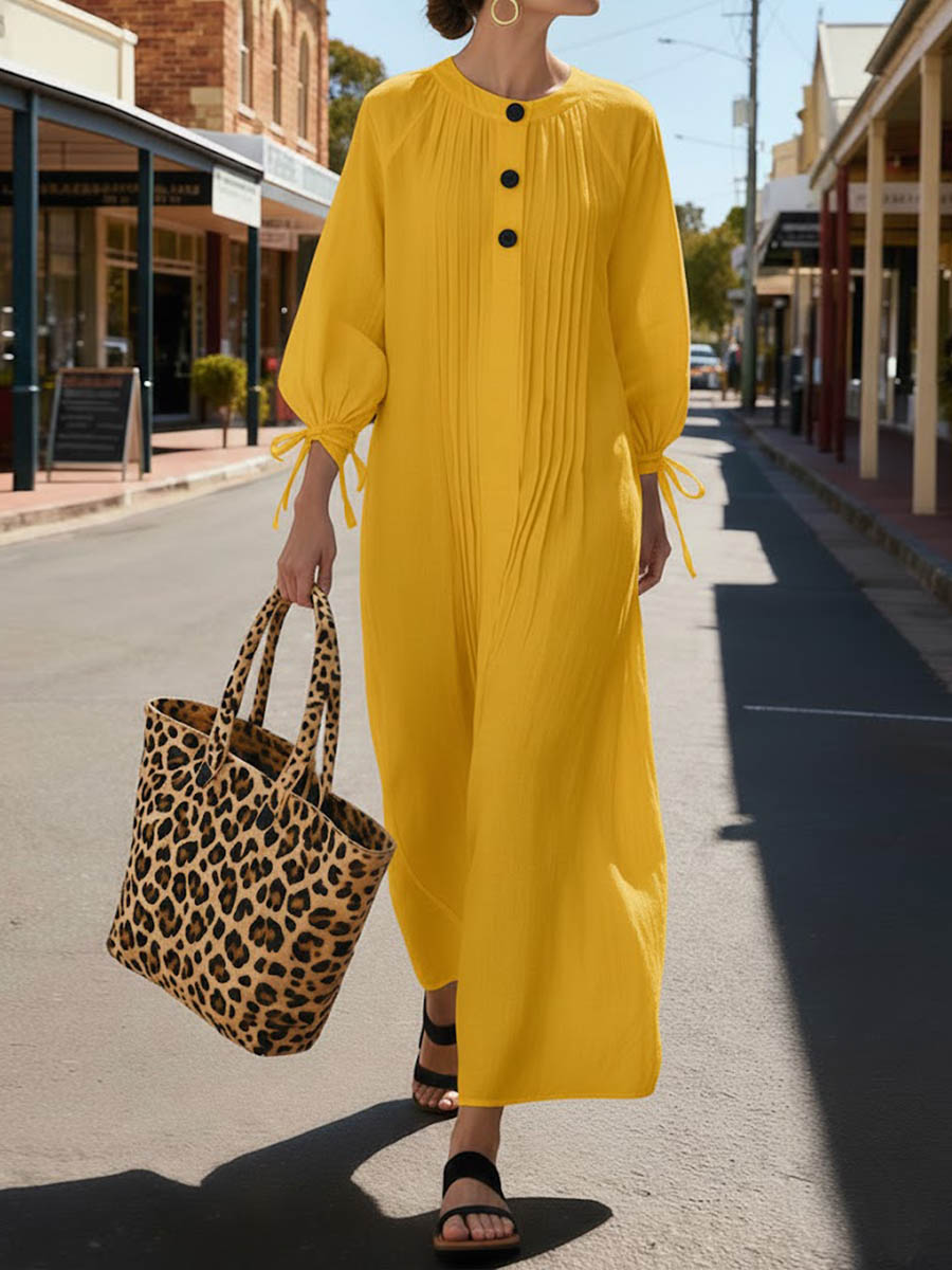Solid Color Round Neck Long-Sleeved Casual Loose Pleated Cotton and Linen Dress