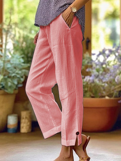 Cotton-Linen Solid Color Elastic Waist Pockets Straight Leg Loose-Fit Casual Trousers