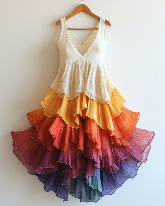 Summer Rainbow Contrast Gradient Chiffon Dress 3ca6