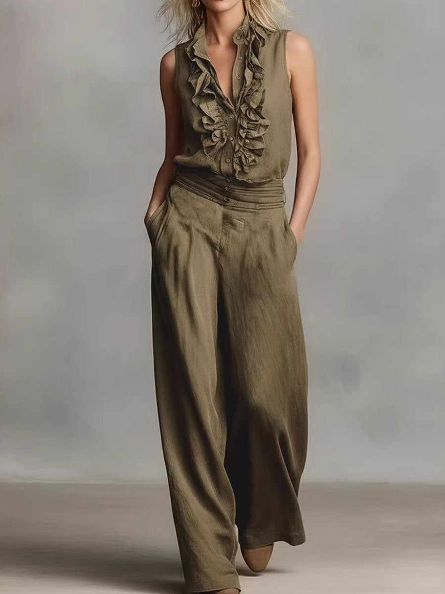 Simple Linen Sleeveless Casual Shirt and Wide-Leg Pants Set