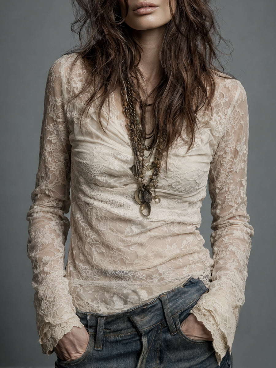 Vintage Cowl Neck Lace Long-Sleeve Blouse