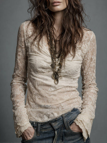 Vintage Cowl Neck Lace Long-Sleeve Blouse