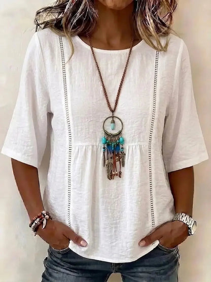 Bohemian-Style Mid-Sleeve Cotton and Linen Top