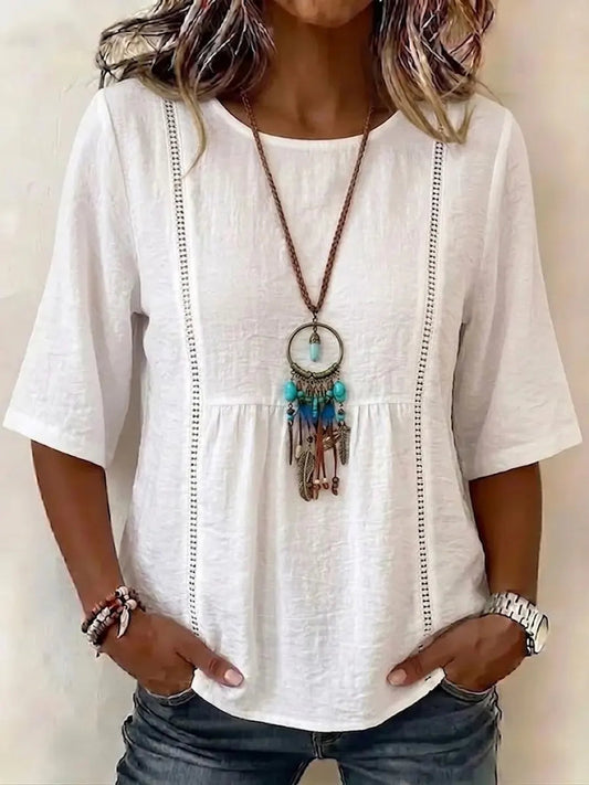 Bohemian-Style Mid-Sleeve Cotton and Linen Top