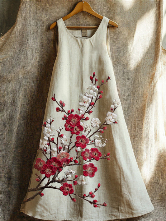 A Plum-Embroidered Sleeveless Dress