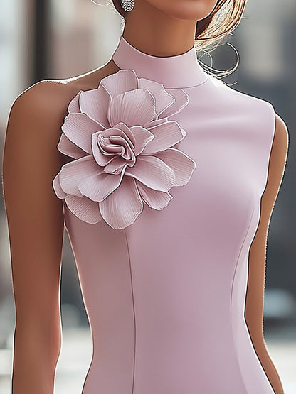 Modern Pink Stretch Dress with 3D Floral Accent