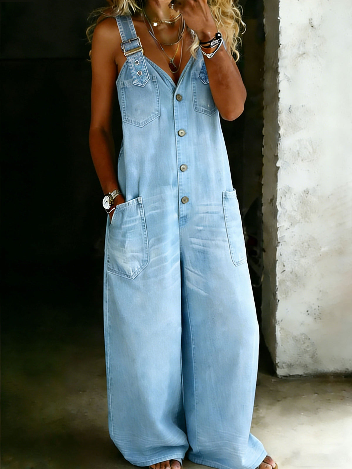 Stylish Cotton One Piece Shirt Denim Jumpsuit