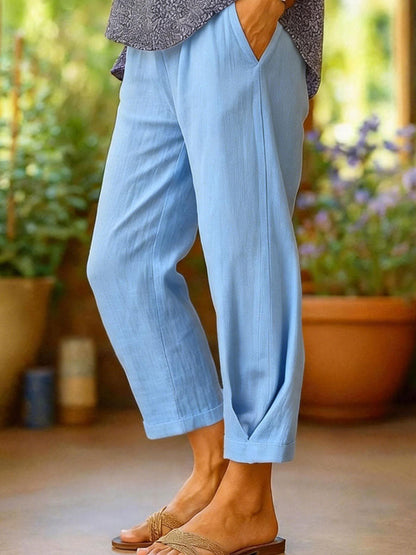 Cotton-Linen Solid Color Elastic Waist Pockets Straight Leg Loose-Fit Casual Trousers