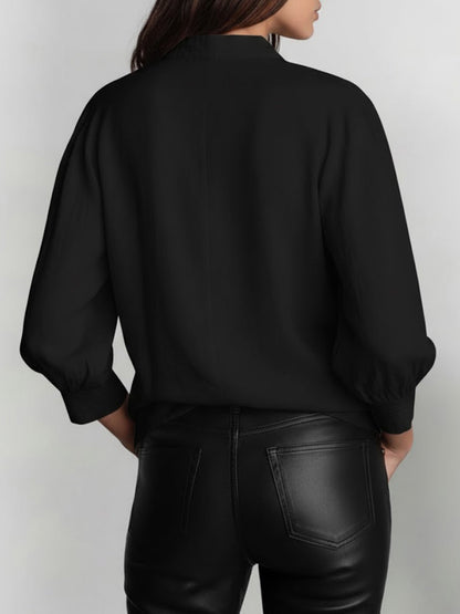 Solid Color Lapel Long-Sleeved Casual Loose Cotton and Linen Top