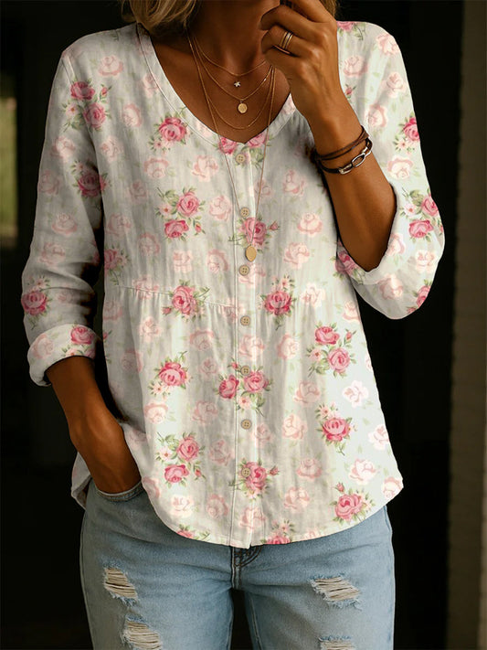 Floral Art Print Casual Cotton Shirt