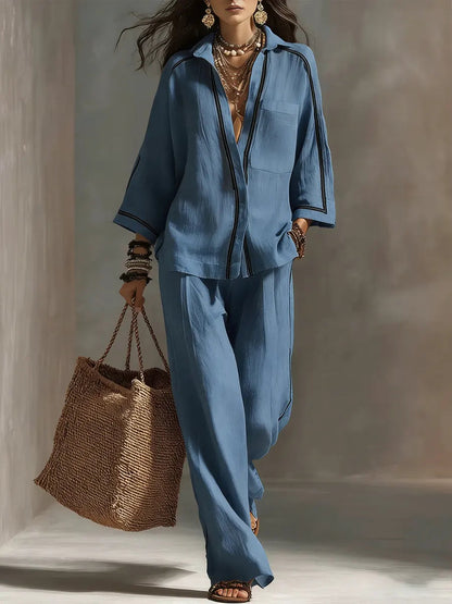 Striped Decorative Shirt and Wide-Leg Pants Set