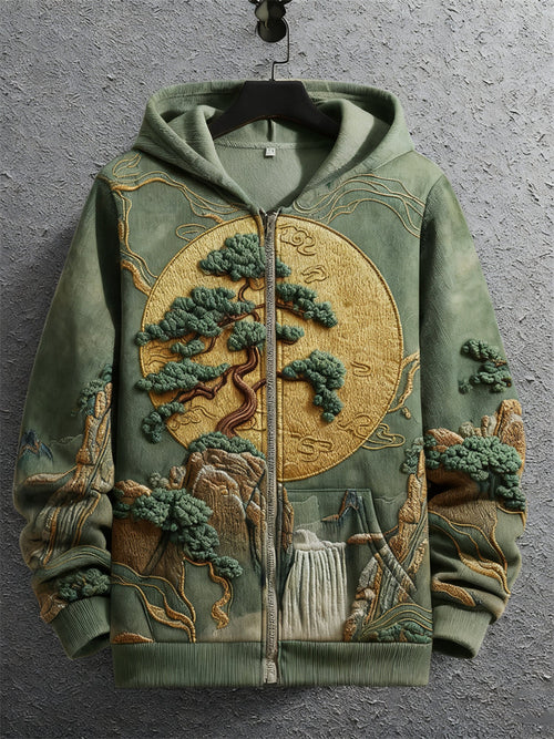 Japanese Pine Tree Waterfall Landscape Embroidered Full Zip Hoodie