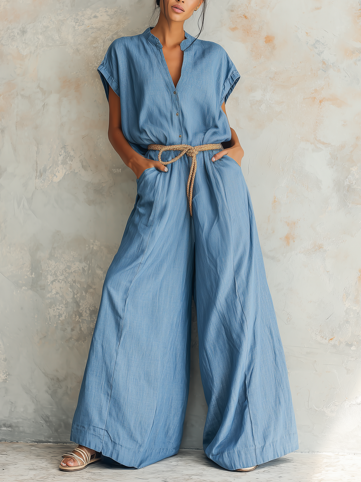 Light Blue Denim Short-Sleeve Wide-Leg Jumpsuit