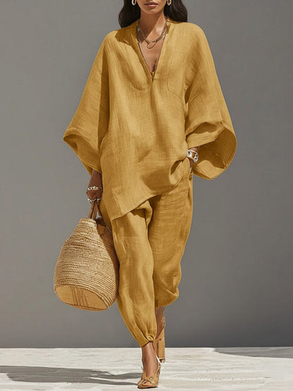 Solid Color V-Neck Long-Sleeve Casual Loose Cotton Linen Top with Elastic Waist and Wide-Leg Pants Set