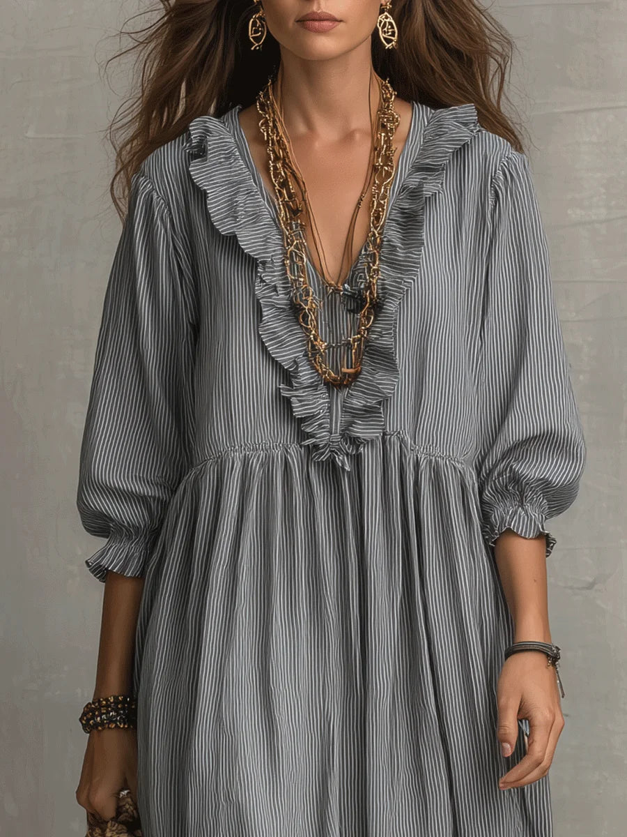 Striped Art Print Casual Stylish Ruffled Vacation Maxi Dress
