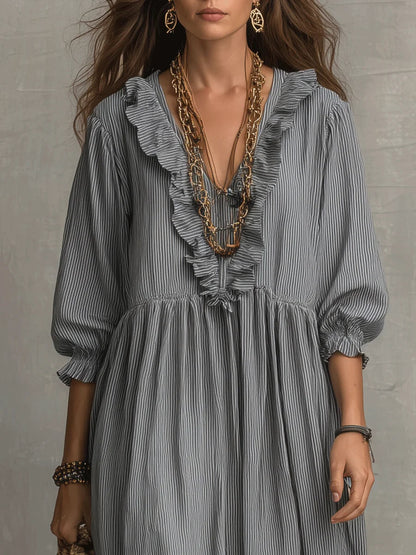 Striped Art Print Casual Stylish Ruffled Vacation Maxi Dress