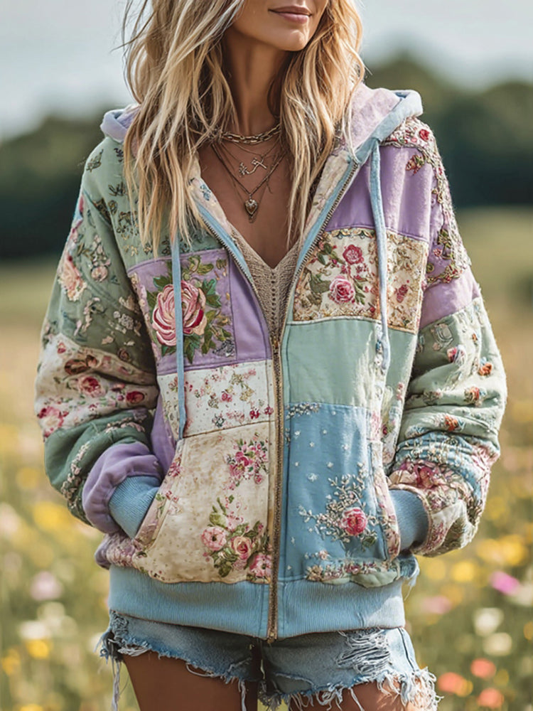 Vintage Floral Patchwork Cozy Warm Zipper Hoodie