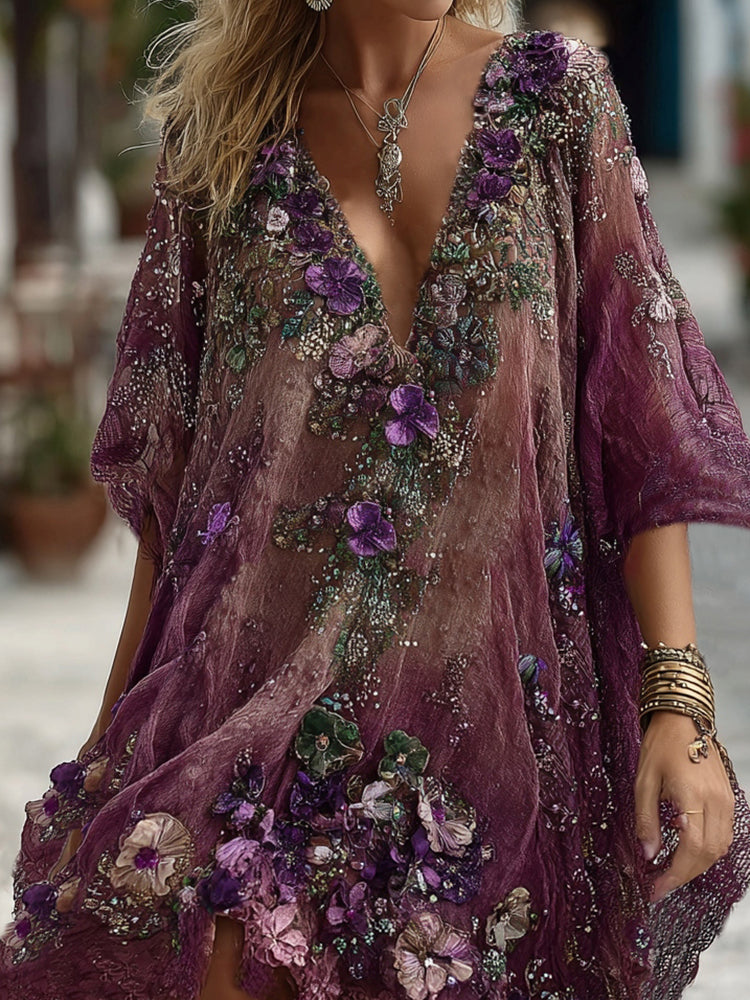 Pansy Embroidered Sequined Short-Sleeve Midi Dress
