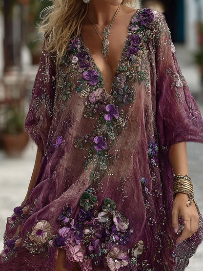 Pansy Embroidered Sequined Short-Sleeve Midi Dress