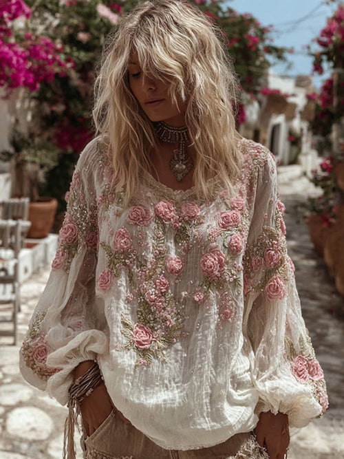 Vintage Pink Rose Embroidery Casual Crew Neck Shirt