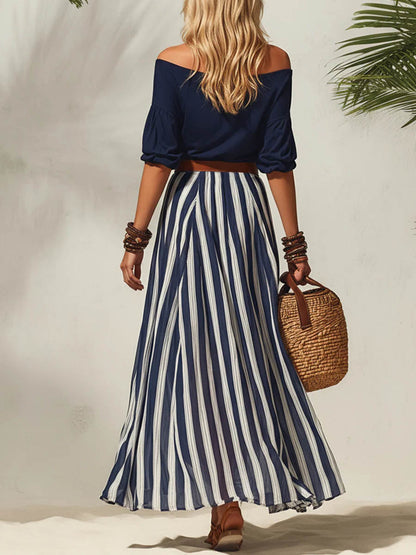 Off-Shoulder 3/4-Sleeve Casual Top and High-Waisted Skirt Cotton Set