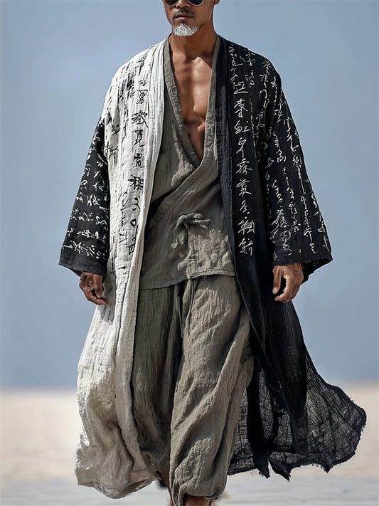 Men's Japanese Calligraphy Contrast Art Flowy Linen Long Kimono
