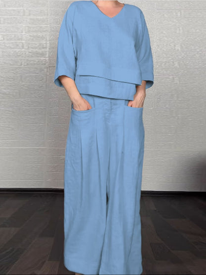 Casual Solid Color Irregular Cotton and Linen Shirt and Pats Suit