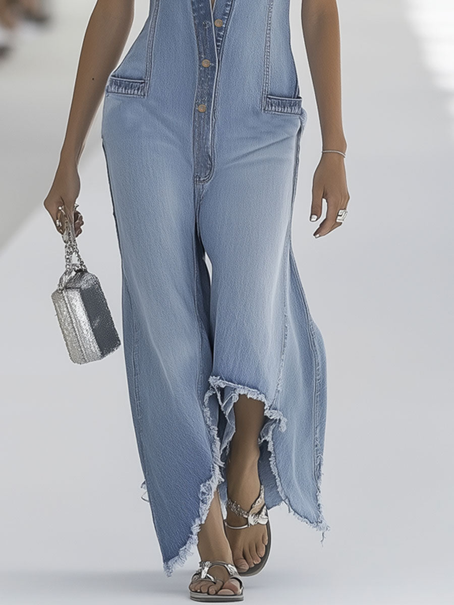 Western Retro Light Blue Denim Sleeveless Raw Edge Wide-Leg Zipper Jumpsuit