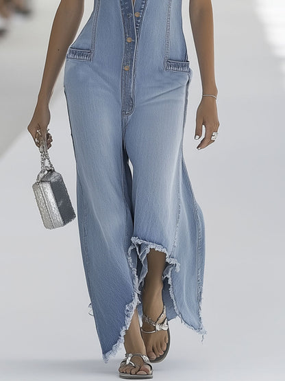 Western Retro Light Blue Denim Sleeveless Raw Edge Wide-Leg Zipper Jumpsuit