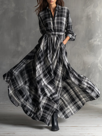 Bohemian Plaid Cotton Blend Shirt Maxi Dress
