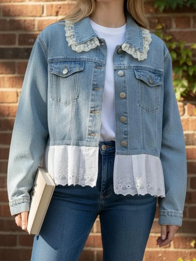 Upcycled Denim Jacket with Lace Collar and Ruffle Hem with One of a Kind Boho Style