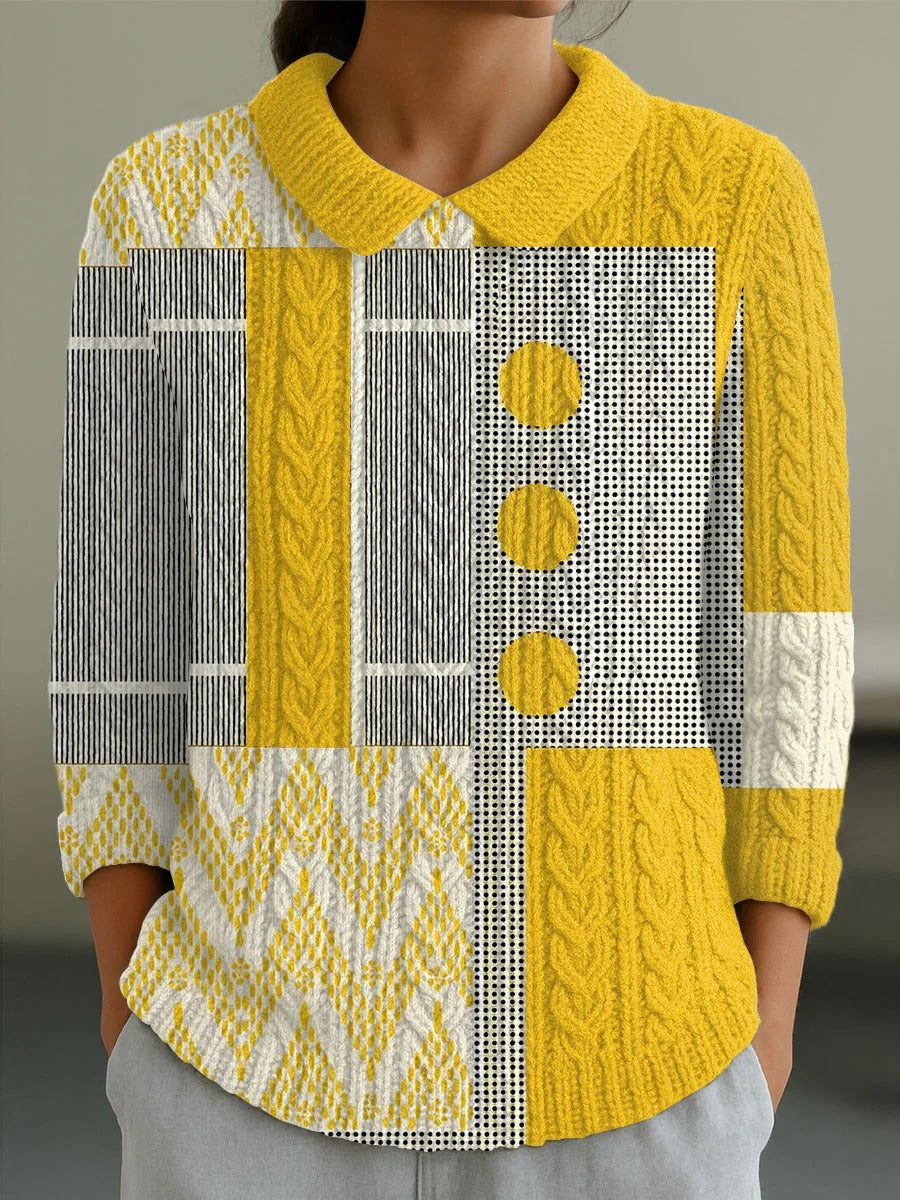 Vintage Abstract Geometric Art Print Casual Peter Pan Collar 3/4-Sleeve Sweater